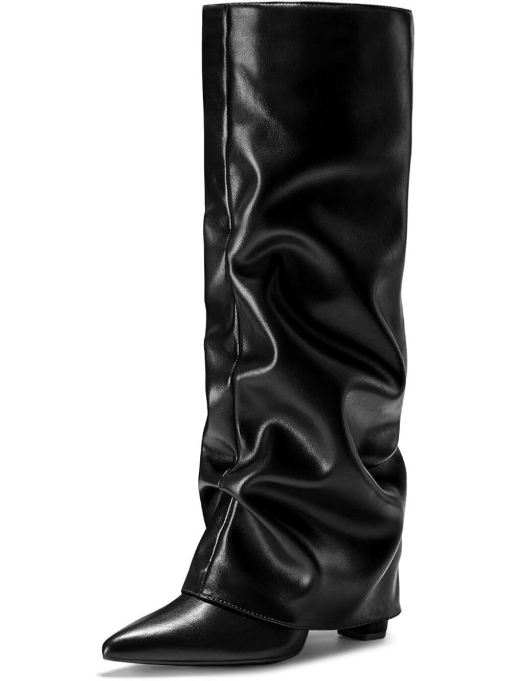 Women's Black Pull on Shark Slouchy Fold Over Tall Block Pointed Toe High Boots